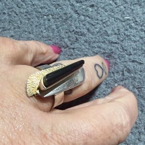 Vintage Modernist Two Tone Onyx Sterling Ring Size 6.75". (3)